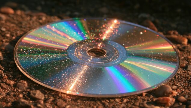 Iridescent disc reflects rainbow light on textured, granular surface