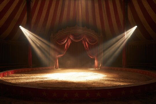 A dimly lit circus ring with dramatic spotlight beams illuminating a draped stage