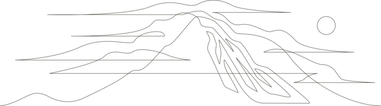 Mountain continues background featuring a minimalist line art stylized sunrise mountain landscape design