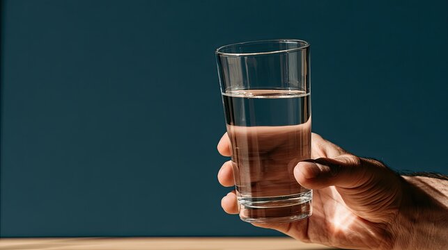Hand holds glass of clear, cool liquid against dark blue background
