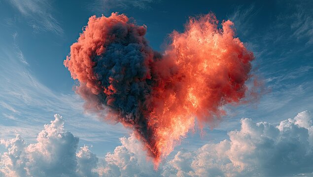 Fiery heart cloud formation with swirling blue smoke against a bright sky