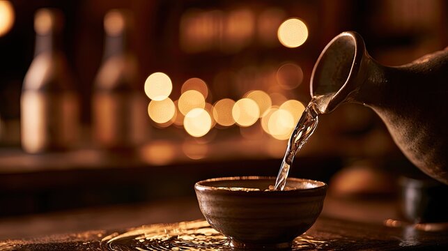 Warm, ambient light illuminates a pouring stream of clear liquid into a small, rustic cup