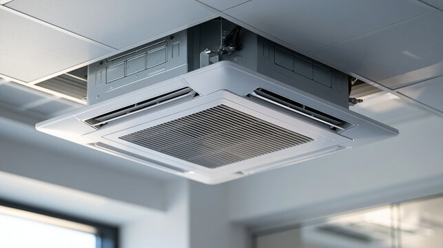 Modern cassette air conditioner installed in the false ceiling of an office. Ideal for commercial HVAC and climate control concept background.