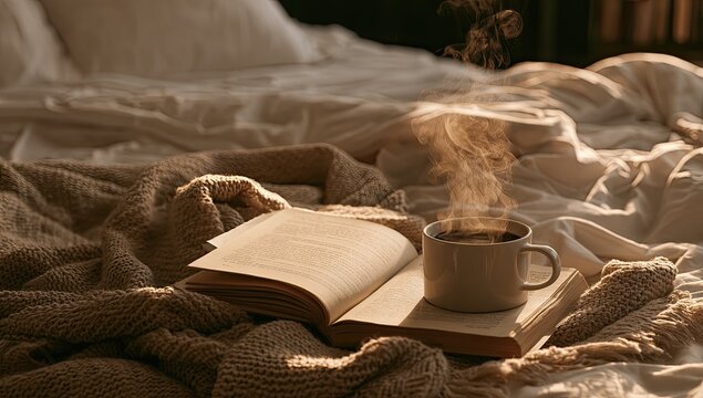 Cozy morning with hot beverage and open book on rumpled bedding, sunlight streaming