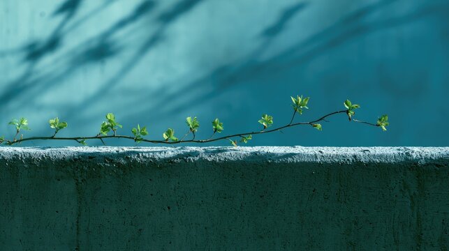 Delicate new growth emerges from a slender branch on a rough ledge