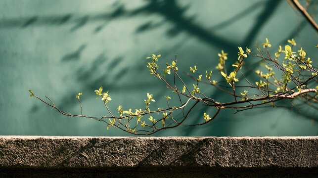 Sunlit branches with new leaves cast shadows on a teal wall