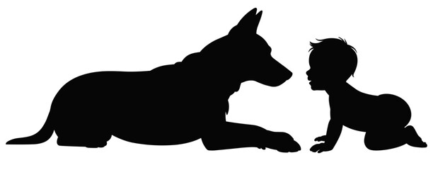 Black silhouette of a small baby crawling on the floor facing a large german shepherd dog lying down, isolated on a white background, concept of friendship and protection