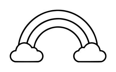 Fototapeta premium Hand-drawn double rainbow with two clouds, minimalist line art vector illustration, monochrome outline design, simple contour drawing, decorative weather motif, clean vector icon, celestial arc symbol