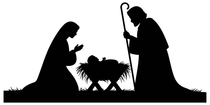 Black silhouette of the nativity scene featuring mary, joseph, and baby jesus in a manger, isolated on a white background, traditional christmas holiday religious
