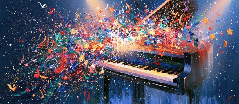 A grand piano explodes with vibrant musical notes and stars in a magical display