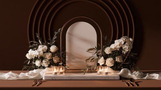 Elegant table setting with floral arrangements and glowing candles