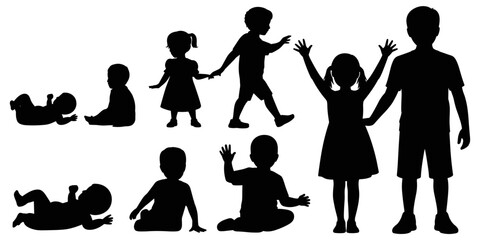 Set of black silhouettes showing the growth stages of children from infancy to childhood, including babies crawling and older kids standing, on white background