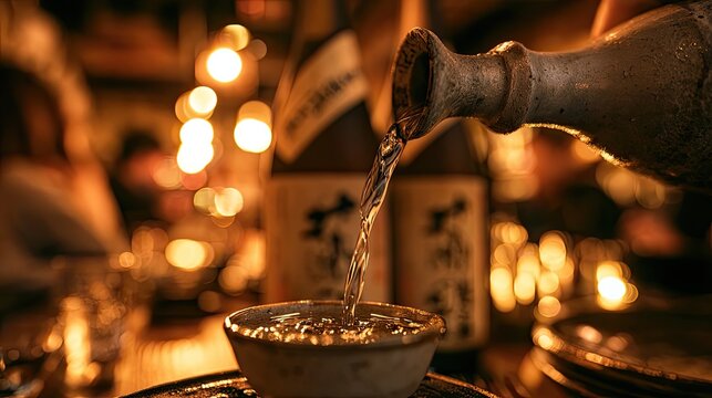 A warm, dimly lit scene with sake being poured into a small cup