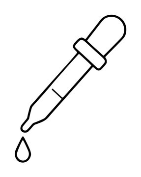 Hand-traced vector icon illustration of a classic pipette dropper dispensing a single liquid droplet, minimalist black outline drawing on white background, clean linework perfect for scientific or