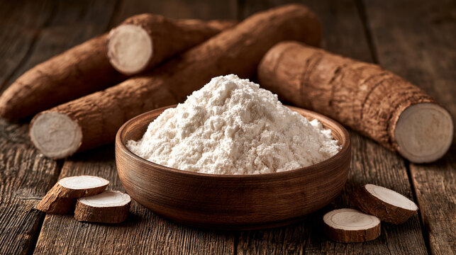 Fresh cassava flour in a wooden bowl with tapioca roots on a rustic table. Perfect for gluten-free baking and food supply concepts.