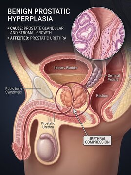 Benign Prostatic Hyperplasia Medical Illustration Showing Prostate Anatomy and Urethral Compression