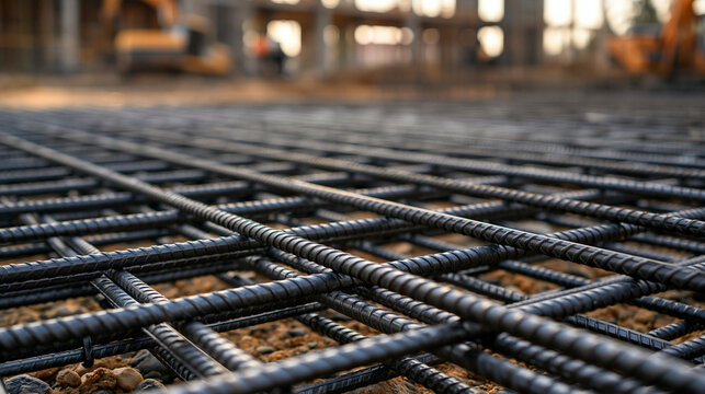 Reinforced steel rebar mesh grid laid on a construction site during daylight. Ideal for architectural engineering and building foundation concepts.