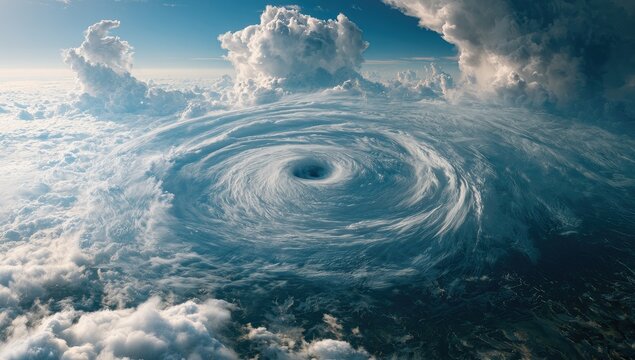 A massive, swirling storm vortex viewed from above, a dark eye at its center