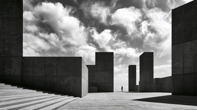 Stark geometric structures create a minimalist, imposing urban landscape under dramatic clouds