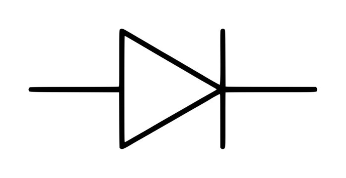 Minimalist hand drawn vector icon illustration of an electronic diode symbol with triangular arrow and vertical cathode line on horizontal wire, isolated outline drawing