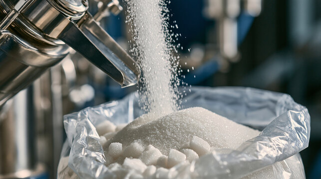 White sugar pouring into a large plastic bag in a factory with bright lighting. Sweetener production concept for industrial trade advertisements.