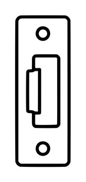 Hand-drawn black outline vector icon of a rectangular door strike plate with rounded corners, featuring a latch opening and two mounting screws for hardware illustration design