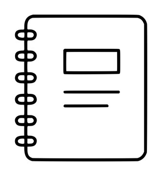Hand-drawn spiral notebook vector icon illustration featuring a simple open notepad with binding rings and lined pages, isolated on white background for educational graphics