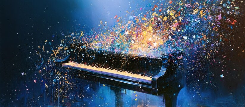 A grand piano explodes with a vibrant, colorful cascade of musical notes