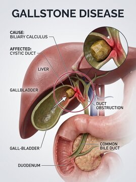 Medical Illustration of Gallstone Disease Showing Biliary Calculus Obstructing the Cystic Duct