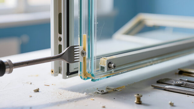A specialist using a tool to adjust a screw on a double-glazed window frame, highlighting window installation, glazing repair, and maintenance services