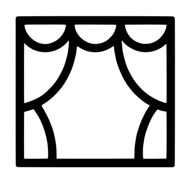 Theater stage curtains outline vector icon, hand-drawn dramatic drapes framing empty performance scene for theatrical design and entertainment graphics