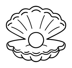 Hand traced black and white vector illustration of an open clam shell with a single round pearl nestled inside, rendered in clean line art style with scalloped edges and radiating ridges, perfect for © Alisha