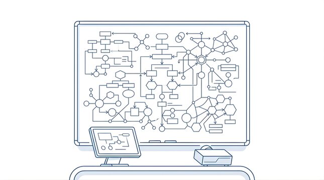 Complex flowchart on a presentation whiteboard in a modern office