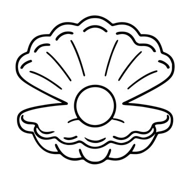 Hand traced black and white vector illustration of an open clam shell with a single round pearl nestled inside, rendered in clean line art style with scalloped edges and radiating ridges, perfect for
