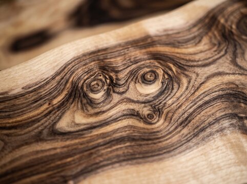 Close up of natural wood burl surface showing swirling grain patterns and organic knots in warm brown tones.