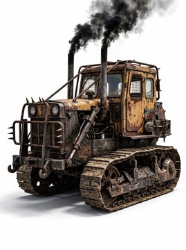 Heavily damaged rusty bulldozer covered in spikes and armor plates, isolated on white in a post apocalyptic style.