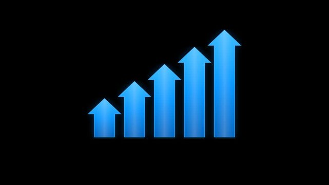Five vibrant electric blue block arrows rising sequentially, symbolizing continuous growth, business success, progress, and achievement with a modern corporate aesthetic.