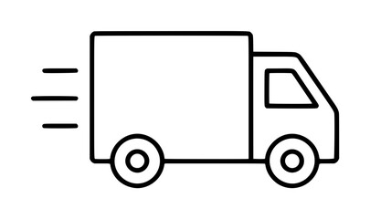 Fototapeta premium Hand-traced black line delivery truck vector icon illustration depicting fast cargo transport in motion, isolated on white background for logistics, shipping, and commerce design projects
