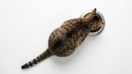 Fototapeta premium Tabby Cat Eating Food From Metal Bowl Overhead View.