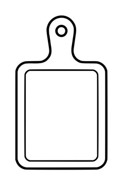 Hand-traced black outline vector icon illustration of an empty kitchen cutting board with rounded corners and a hanging hole, minimalist line art on white background