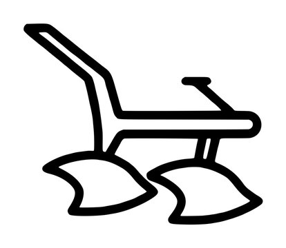 Hand-traced vector icon illustration of a traditional moldboard plow with curved metal blades, sturdy frame, and angled handle, black outline drawing for farming and agricultural design projects,