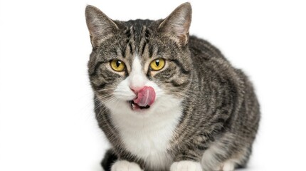 Fototapeta premium Tabby Cat Licking Its Nose with Yellow Eyes on White Background.