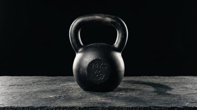 A black 24 kg kettlebell resting on a dark slate surface