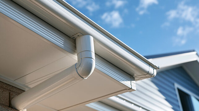 White plastic rain gutter and downpipe installed under the roof edge against a blue sky. Ideal for home maintenance and construction concepts.