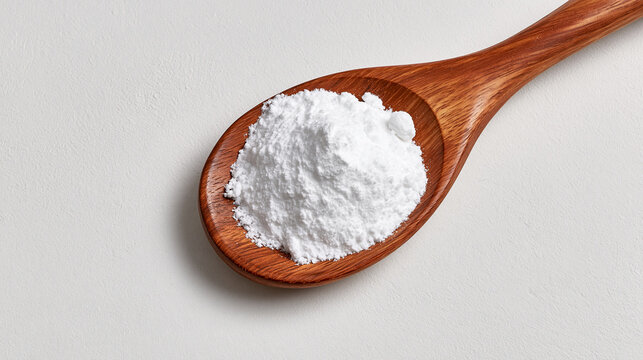Baking soda on a wooden spoon isolated on white background. Useful ingredient for culinary recipes and household cleaning solutions.