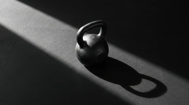 A single black kettlebell sits on a dark textured floor, dramatically illuminated by a narrow beam of bright light