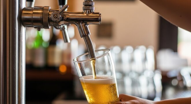 Bartender pouring draft beer into a glass at a bar. Fresh beverage service with tap equipment, hospitality, pub culture, celebration and social drinking concept.