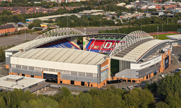 Aerial Image of The Brick Community Stadium Stands and Architecture in Wigan