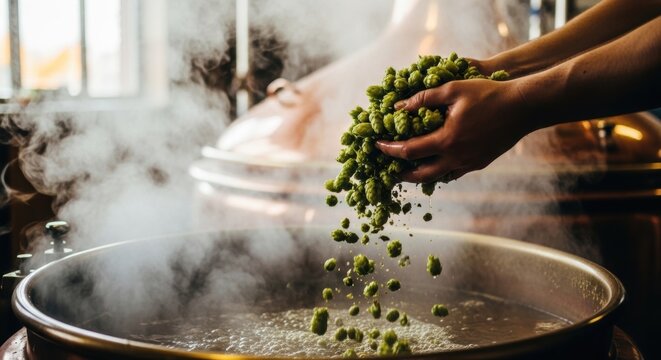 Brewer adding fresh hops to steaming brew kettle during beer production. Craft brewing process with aromatic ingredients, traditional beverage manufacturing and artisanal brewery concept.