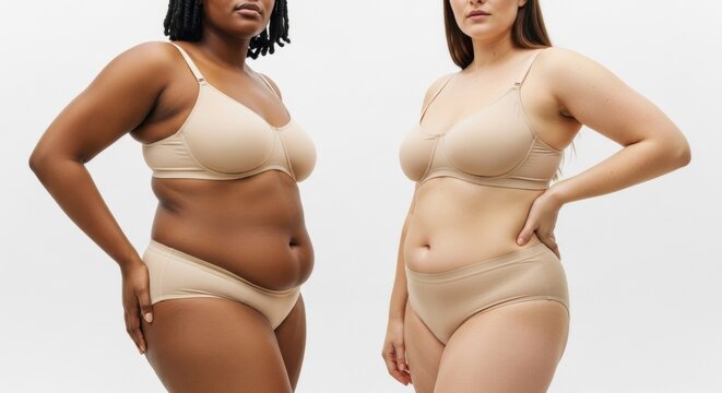 Two women with diverse body types wearing beige underwear. Body positivity, inclusive beauty, natural figure, self acceptance, and fashion representation concept.